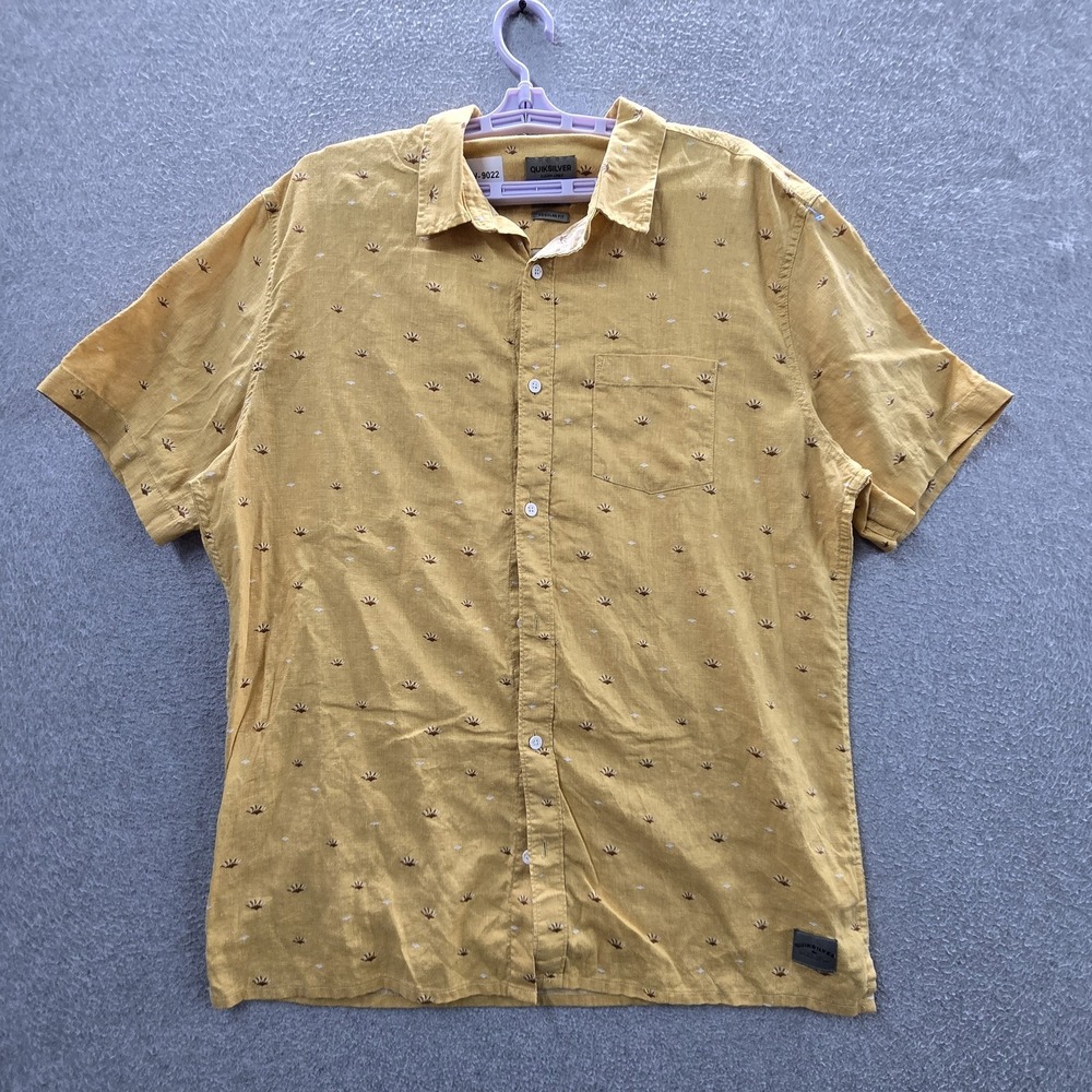 Quiksilver Men Button Up Shirt L/G Yellow Cotton Hemp Short Sleeve